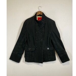 Dark Academia Women Large Black Corduroy Military Double Breasted Jacket
